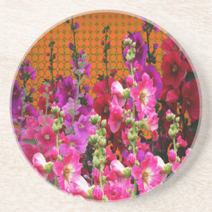 PINK HOLLYHOCK AMBER COLOR GARDEN COASTER