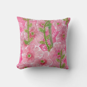 Pink Hollyhock Mallow Malva Flower Floral Painting Cushion