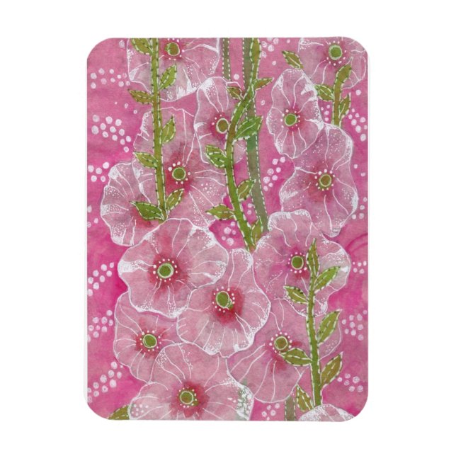 Pink Hollyhock Mallow Malva Flower Floral Painting Magnet (Vertical)