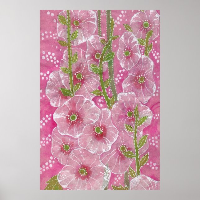 Pink Hollyhock Mallow Malva Flower Floral Painting Poster (Front)