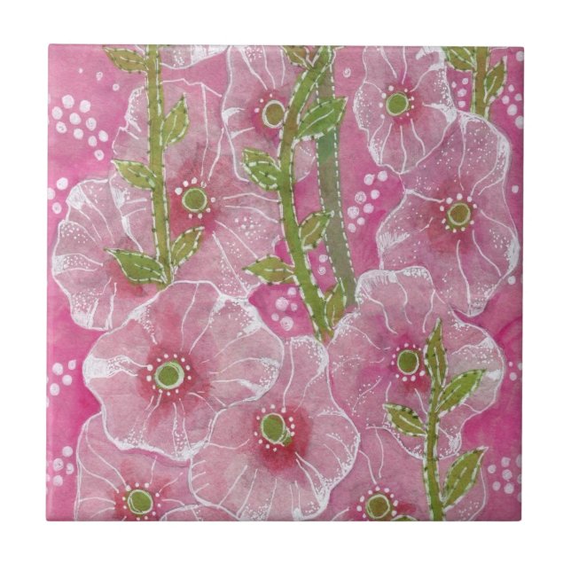 Pink Hollyhock Mallow Malva Flower Floral Painting Tile (Front)