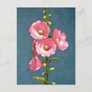 PINK HOLLYHOCKS IN OIL PASTEL POSTCARD