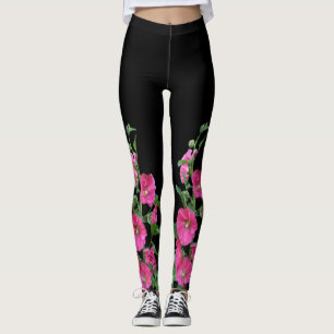 Pink Hollyhocks on Black Leggings