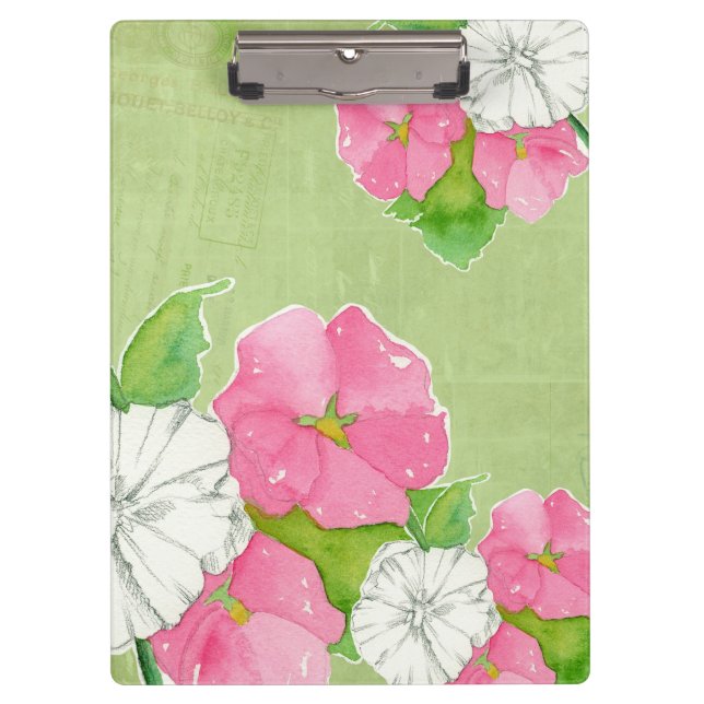 Pink Hollyhocks Watercolor Flowers Soft Green Clipboard (Front)