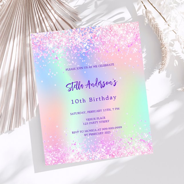 Pink holographic 10th birthday budget invitation (Creator Uploaded)