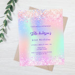 Pink holographic 21st birthday budget invitation<br><div class="desc">A girly and feminine 21st birthday party invitation. On front: A rainbow,  holographic coloured background in purple,  pink,  mint green.  Decorated with blush pink sparkles.  Personalise and add a name and party details. The name is written with a hand lettered style script,  purple coloured letters.</div>