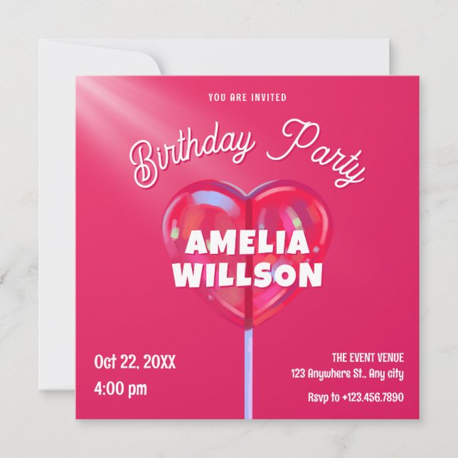 Pink holographic candy sweet birthday  invitation (Front)