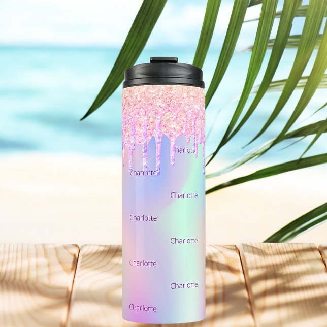 Pink holographic glitter drips name thermal tumbler (Creator Uploaded)