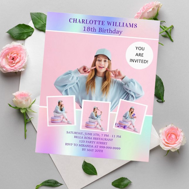 Pink holographic photo budget birthday invitation (Creator Uploaded)
