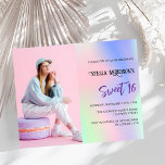 Pink holographic photo budget Sweet 16 invitation<br><div class="desc">A pink,  purple,  mint green holographic background.  Personalise and add a photo and party details. 

1 sheet = 1 invitation printed edge to edge.</div>