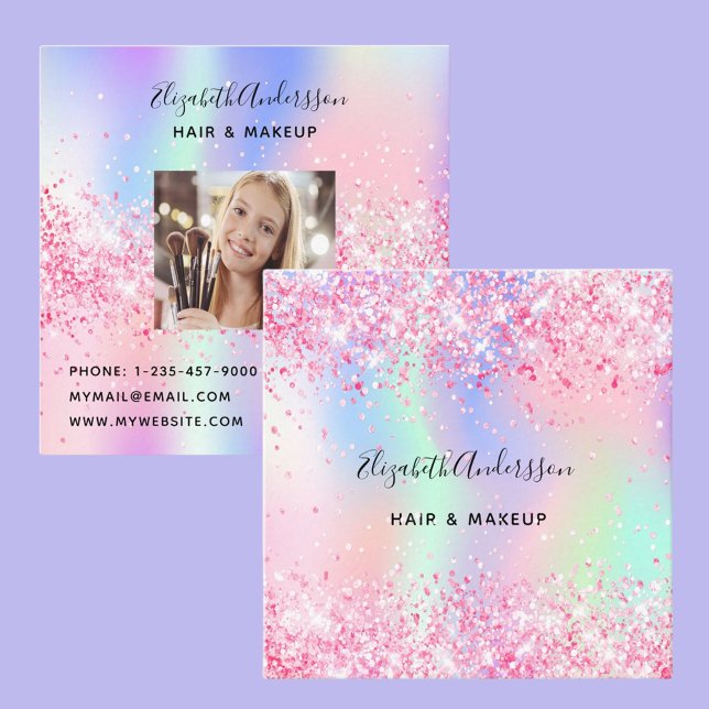 Pink holographic photo qr code square business card (Creator Uploaded)