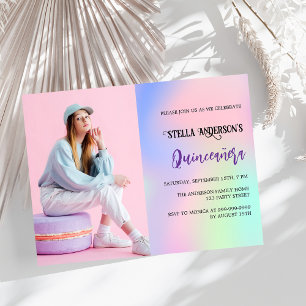 Pink holographic photo Quinceanera invitation
