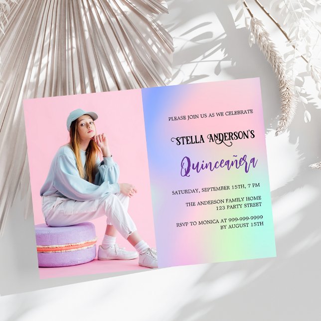 Pink holographic photo Quinceanera invitation (Creator Uploaded)