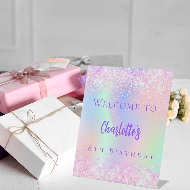 Pink holographic purple birthday party welcome pedestal sign (Creator Uploaded)