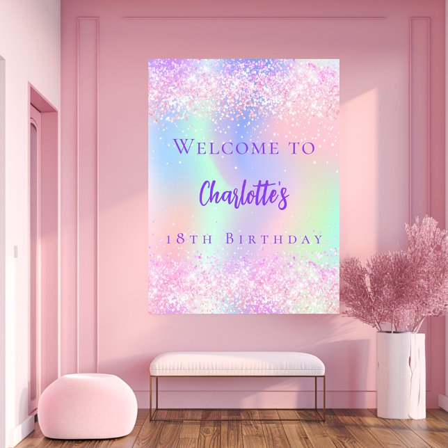 Pink holographic purple birthday party welcome poster (Creator Uploaded)