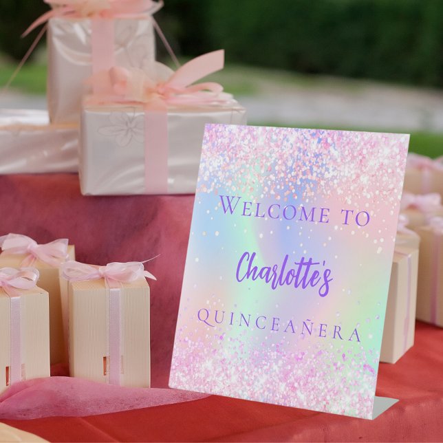 Pink holographic purple Quinceanera welcome Pedestal Sign (Creator Uploaded)