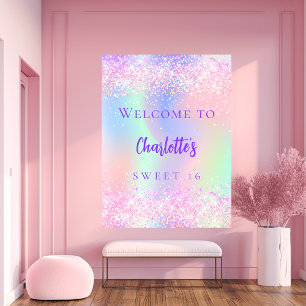 Pink holographic purple Sweet 16 welcome Poster