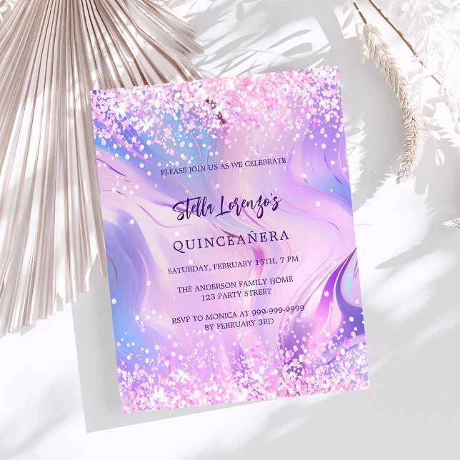 Pink holographic Quinceanera budget invitation (Creator Uploaded)