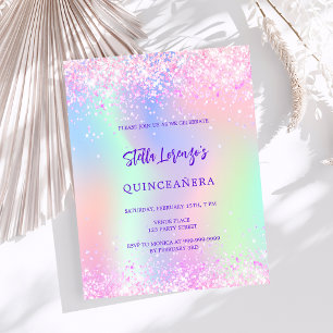 Pink holographic Quinceanera budget invitation