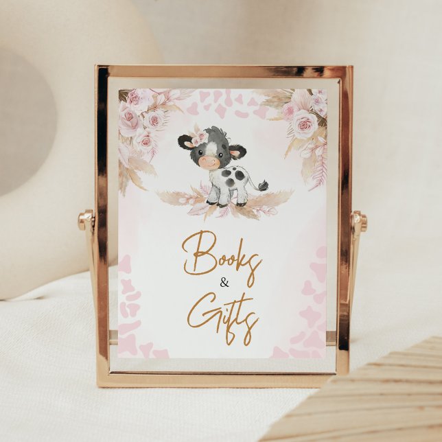 Pink Holy Cow Baby Shower Books and Gifts Poster (Highland Cow Baby Shower Books and Gifts Sign)