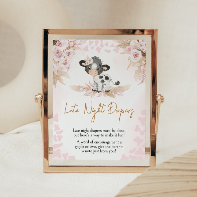 Pink Holy Cow Baby Shower Late Night Diapers Poster (Highland Cow Baby Shower Late Night Diapers Sign)