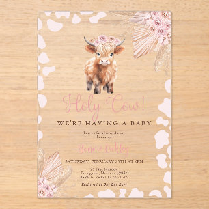 Pink Holy Cow Boho Dried Flower Baby Shower Acrylic Invitations