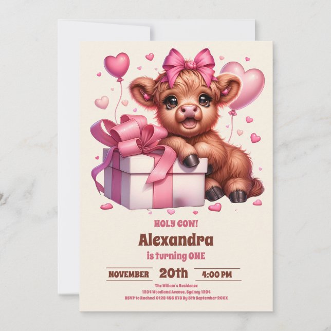 Pink Holy Cow Highland  1st First Birthday Invitation (Front)