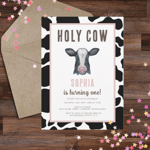 Pink Holy Cow I'm One Birthday Invitation