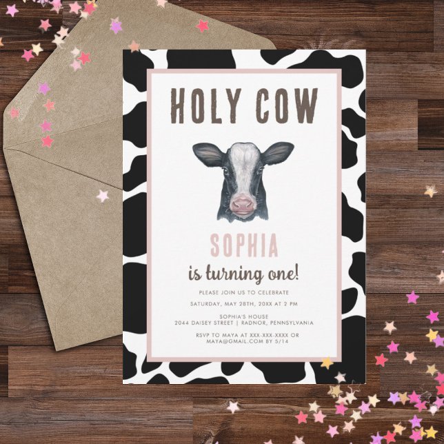 Pink Holy Cow I'm One Birthday Invitation (Creator Uploaded)
