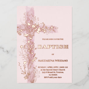 pink Holy cross Baptism Foil Invitation