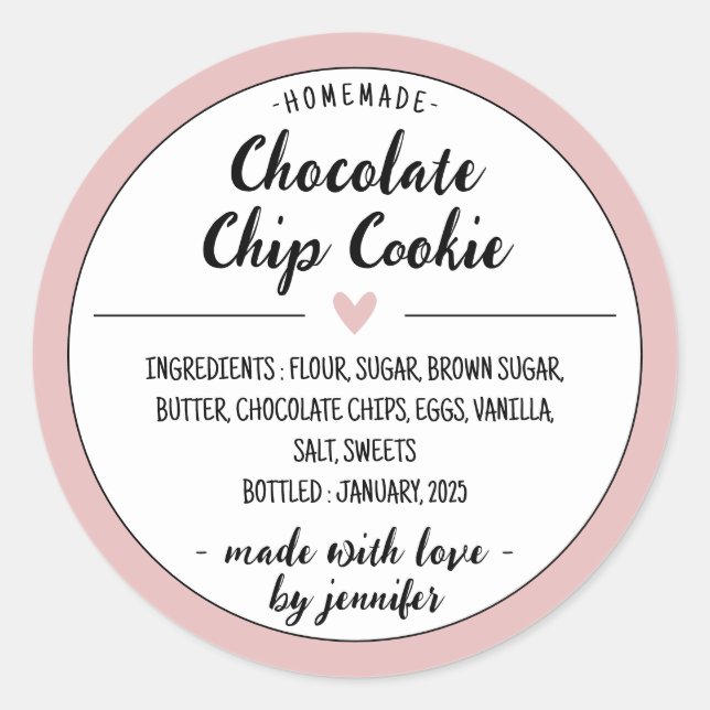 Pink Homemade Chocolate Chip Cookie Classic Round Sticker (Front)