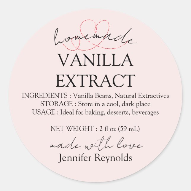 Pink Homemade Vanilla Extract Label Instructions (Front)