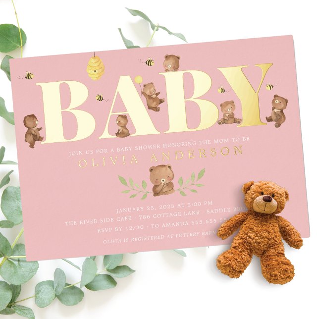 Pink Honey Bear Baby Shower Foil Invitation (Creator Uploaded)