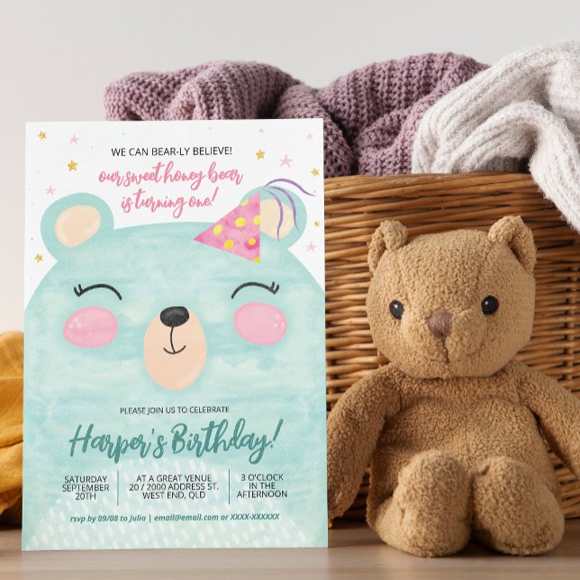 Pink Honey Bear Birthday  Invitation (You can create plenty of honey for the big day with our bear birthday invitation!)