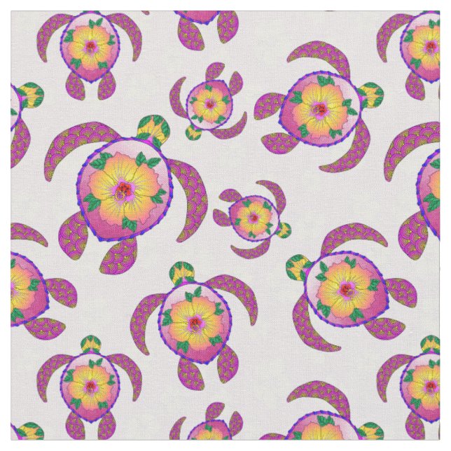 Pink Honu Turtles Hibiscus Flowers Fabric (Close Up)