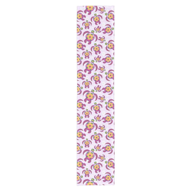 Pink Honu Turtles Hibiscus Flowers Short Table Runner (Front)