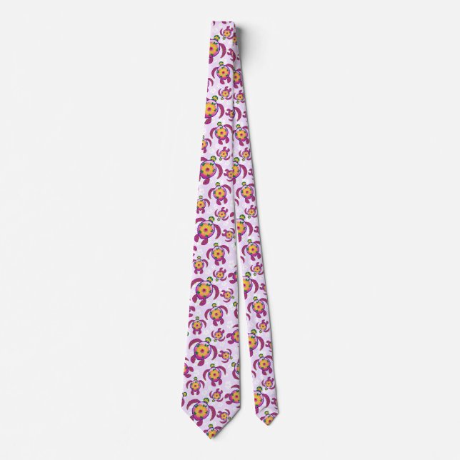 Pink Honu Turtles Hibiscus Flowers Tie (Front)