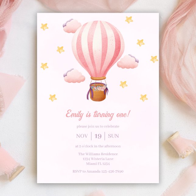 Pink Hot Air Ballon Girl 1st Birthday Party Invitation (Creator Uploaded)