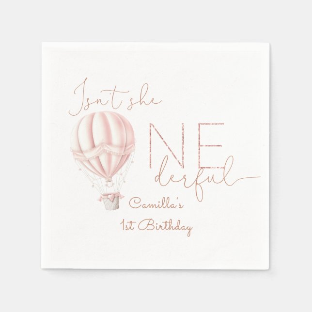 Pink Hot Air Ballon Onederful Girl 1st Birthday Napkin (Front)