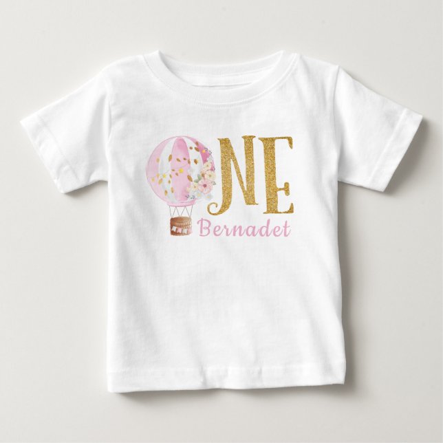 Pink Hot Air Balloon 1st Birthday Baby T-Shirt (Front)