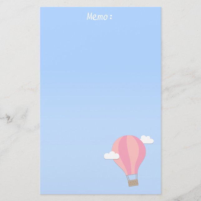 Pink Hot Air Balloon, Adventure Among the Clouds Stationery (Front)