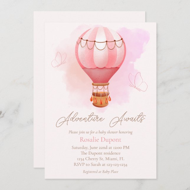 Pink Hot Air Balloon Adventure Awaits Baby Shower Invitation (Front/Back)