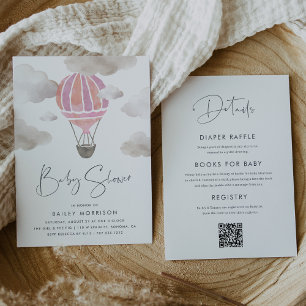 Pink Hot Air Balloon All in One Baby Shower Invitation