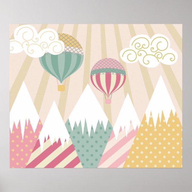 Pink Hot Air Balloon and Mountain Scene Poster (Front)
