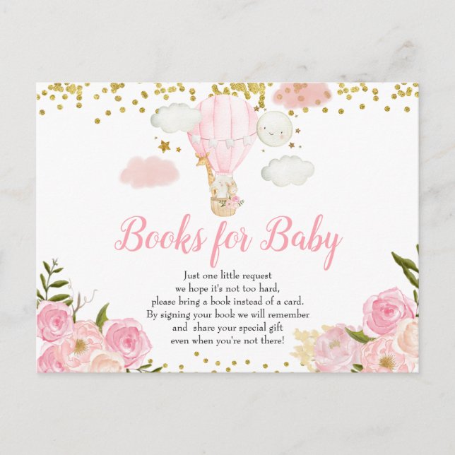 Pink Hot Air Balloon Animals Books for Baby Invitation Postcard (Front)
