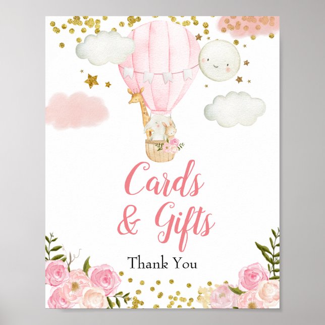 Pink Hot Air Balloon Animals Cards & Gifts Floral Poster (Front)
