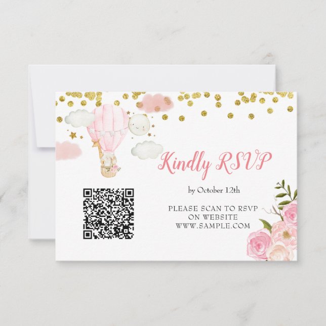 Pink Hot Air Balloon Animals Online Rsvp Card (Front)