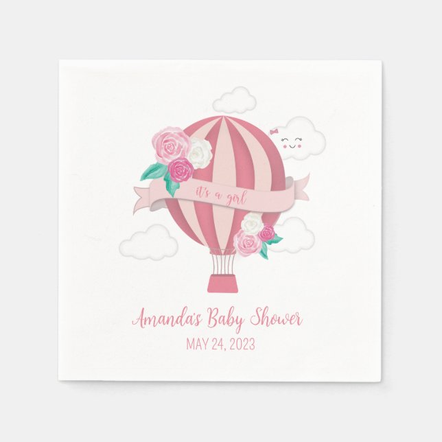 Pink Hot Air Balloon Baby Girl Shower Napkins (Front)