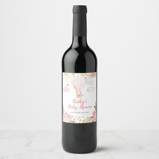 Pink Hot air balloon baby shower Floral Wine Label (Front)
