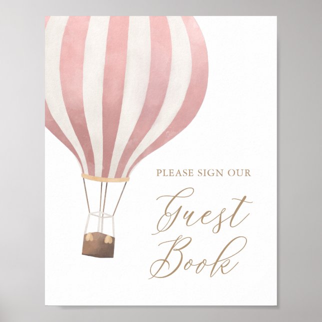 Pink Hot Air Balloon Baby Shower Guest Book Sign (Front)